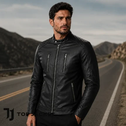 Black Cafe Racer Jacket Men, Genuine Leather Motorcycle Jacket, Slim Fit Biker Coat, Moto Riding Jacket