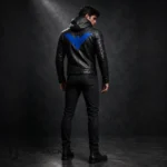 Black Leather Hooded Jacket Men, Blue Wing Cosplay Hoodie, Motorcycle Biker Costume Jacket
