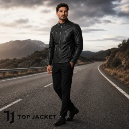 Black Leather Moto Jacket Men, Cafe Racer Biker Jacket, Mens Motorcycle Riding Jacket, Slim Fit Coat