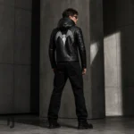 Black Spider Logo Leather Jacket, Men’s Hooded Biker Jacket, Gothic Cosplay Costume
