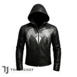 Black Symbiote Leather Hoodie, Venom Inspired Cosplay Jacket, Men’s Genuine Leather Biker Coat, Superhero Costume