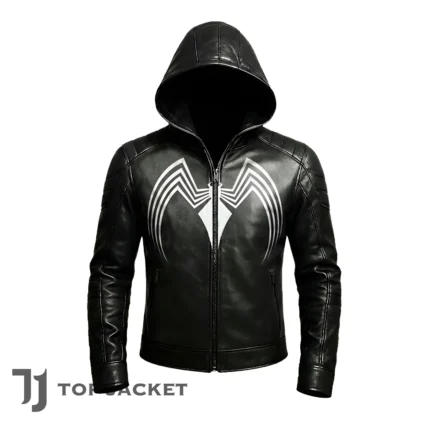 Black Symbiote Leather Hoodie, Venom Inspired Cosplay Jacket, Men’s Genuine Leather Biker Coat, Superhero Costume