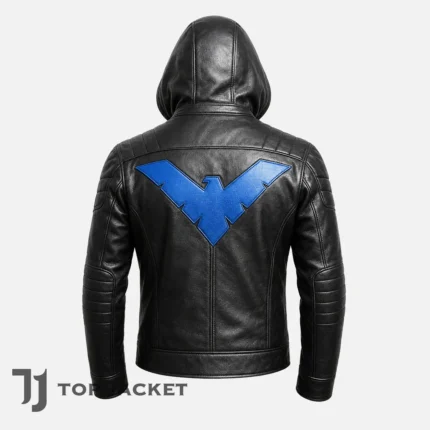 Blue Wing Leather Hoodie Men, Black Hooded Motorcycle Jacket, Cosplay Costume Jacket, Biker Coat