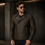 Brown Leather Motorcycle Jacket Men, Vintage Cafe Racer Biker Coat, Distressed Moto Outerwear