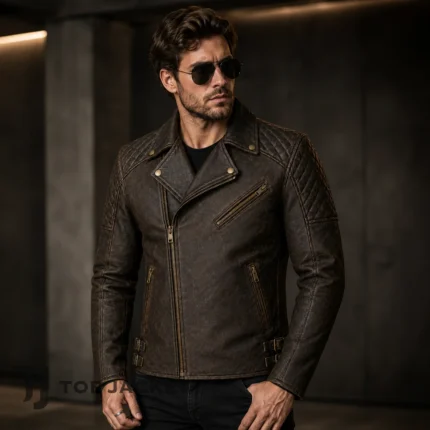 Brown Leather Motorcycle Jacket Men, Vintage Cafe Racer Biker Coat, Distressed Moto Outerwear