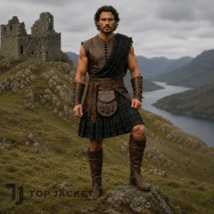 Highland Warrior Kilt Costume Men, Scottish Renaissance Outfit, Medieval Leather Armor Set