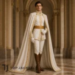 Ivory Prince Costume Men, Gold Embroidery Cape Suit, Royal Groom Outfit, Medieval Fantasy Attire