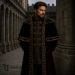 Luxury Medieval Nobleman Costume, Black Gold Embroidered Coat, Fur Cape Renaissance OutfitLuxury Medieval Nobleman Costume, Black Gold Embroidered Coat, Fur Cape Renaissance Outfit