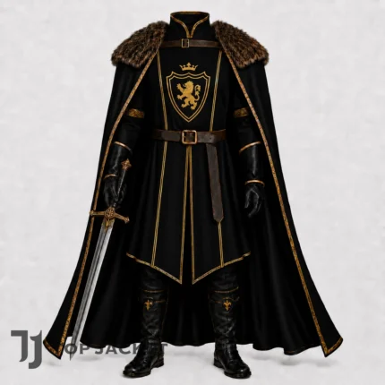 Men Medieval Lord Costume, Black Knight Tunic, Fur Shoulder Cape Renaissance Faire Outfit