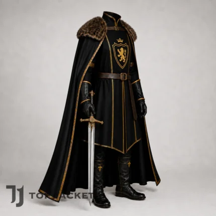 Men Medieval Prince Costume, Black Fur Mantle Cape, Renaissance Festival Knight Outfit