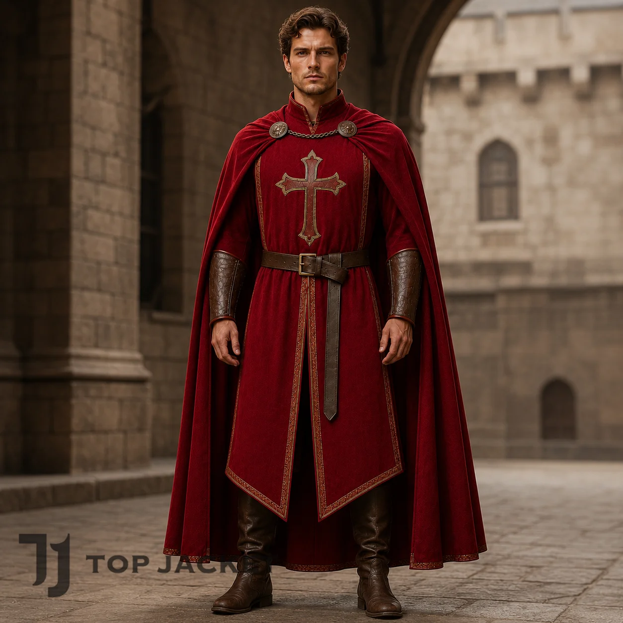 Men Medieval Warrior Outfit, Red Crusader Cape Costume, Fantasy Knight LARP Clothing Men Medieval Warrior Outfit, Red Crusader Cape Costume, Fantasy Knight LARP Clothing