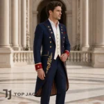 Men Navy Military Tailcoat, Gold Embroidered Officer Coat, Patriotic Wedding Suit Jacket