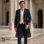Men Patriotic Officer Coat, Navy Blue Tailcoat Suit, Eagle Embroidered Back Jacket