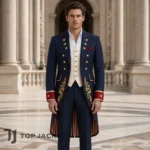 Men Patriotic Prince Coat, Navy Military Tailcoat, Gold Embroidery Formal Suit Jacket