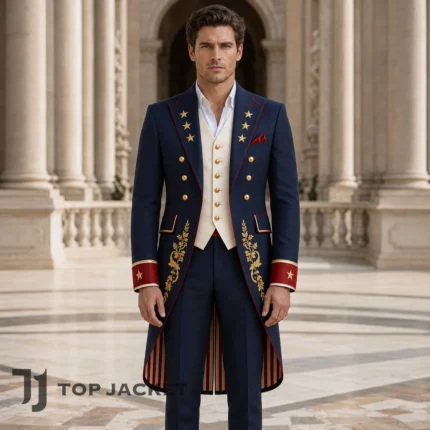 Men Patriotic Prince Coat, Navy Military Tailcoat, Gold Embroidery Formal Suit Jacket
