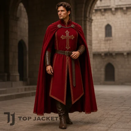 Men Red Templar Costume, Medieval Knight Cape, Gothic Warrior LARP Cosplay OutfitMen Red Templar Costume, Medieval Knight Cape, Gothic Warrior LARP Cosplay Outfit