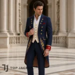 Men Regal Commander Tailcoat, Navy Blue Gold Embroidered Jacket, Victorian Formal Coat