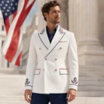 Men’s 4th of July Blazer, White Patriotic Suit Jacket, USA Flag Embroidery Formal Outfit