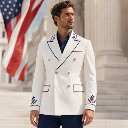 Men’s 4th of July Blazer, White Patriotic Suit Jacket, USA Flag Embroidery Formal Outfit
