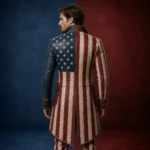 Men’s 4th of July Costume, American Flag Leather Coat, Patriotic Tailcoat Outfit, Historical Parade Jacket