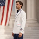 Men’s American Patriotic Blazer, White Double Breasted Suit Jacket, USA Parade Costume Coat
