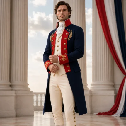 Men’s American Revolution Costume, Colonial Gentleman Outfit, Navy Red Frock Coat, Patriotic Suit