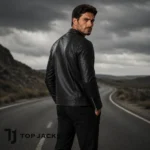 Mens Biker Leather Jacket, Black Motorcycle Jacket, Cafe Racer Zipper Jacket, Quilted Shoulder Jacket