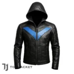 Mens Black Blue Leather Hoodie, Vigilante Cosplay Jacket, Hooded Biker Jacket, Superhero Inspired Coat