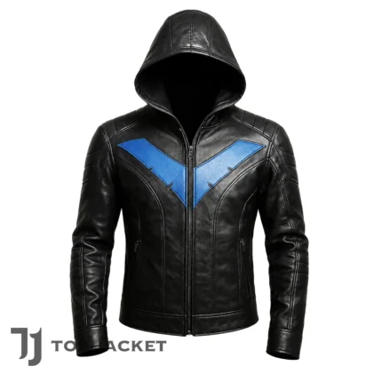 Mens Black Blue Leather Hoodie, Vigilante Cosplay Jacket, Hooded Biker Jacket, Superhero Inspired Coat