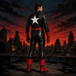 Men’s Black Leather Patriotic Costume, Star Back Jumpsuit, Red Belt, Boots, Gloves