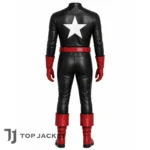 Men’s Black Leather Star Back Costume, Patriotic Cosplay Jumpsuit, Red Boots Gloves