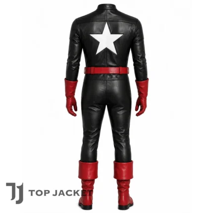 Men’s Black Leather Star Back Costume, Patriotic Cosplay Jumpsuit, Red Boots Gloves