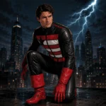 Men’s Black Red White Cosplay Costume, Patriotic Leather Jumpsuit, Hero Outfit