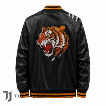 Mens Black Tiger Sukajan Jacket, Satin Bomber Jacket, Tiger Back Print Jacket, Casual Streetwear