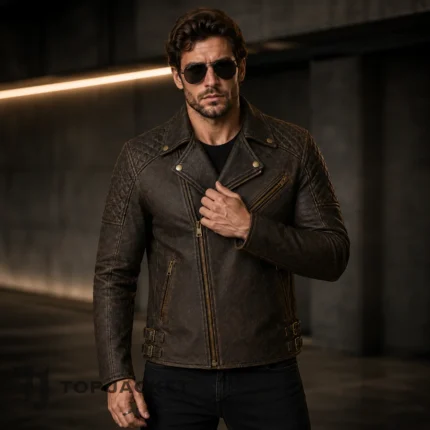 Mens Brown Moto Jacket, Distressed Leather Biker Jacket, Quilted Shoulder Riding Jacket]
