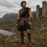 Mens Highland Warrior Costume, Scottish Kilt Outfit, Medieval Leather Armor, Tartan Sash Cosplay