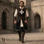 Mens Knight Templar Costume, Medieval Crusader Tunic, Leather Belt Armor Cosplay Outfit