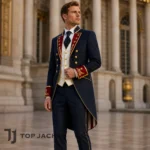 Men’s Luxury Military Tailcoat Suit, Navy Red Gold Officer Costume, Formal Ceremony Outfit