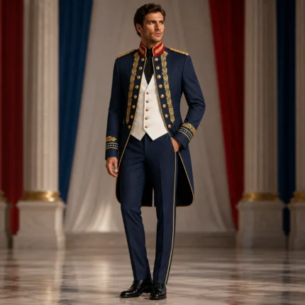 Men’s Luxury Parade Uniform, Navy Gold Embroidered Tailcoat, Patriotic Formal Officer OutfitMen’s Luxury Parade Uniform, Navy Gold Embroidered Tailcoat, Patriotic Formal Officer Outfit