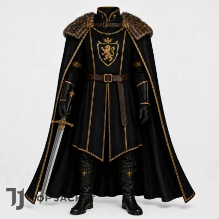 Mens Medieval Lord Costume, Black Knight Tunic, Fur Shoulder Cape Renaissance Faire Outfit