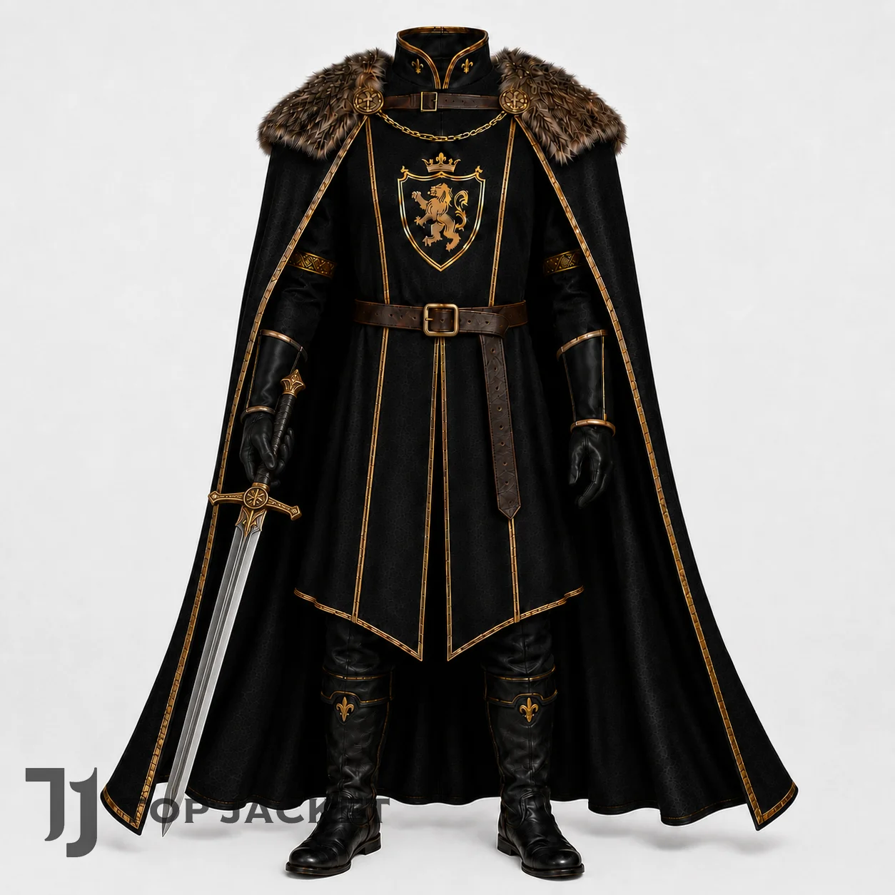 Mens Medieval Lord Costume, Black Knight Tunic, Fur Shoulder Cape Renaissance Faire Outfit Mens Medieval Lord Costume, Black Knight Tunic, Fur Shoulder Cape Renaissance Faire Outfit