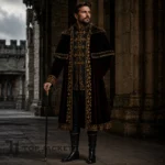 Mens Medieval Noble Lord Costume, Black Velvet Fur Cape Coat, Gold Embroidered Royal King Outfit