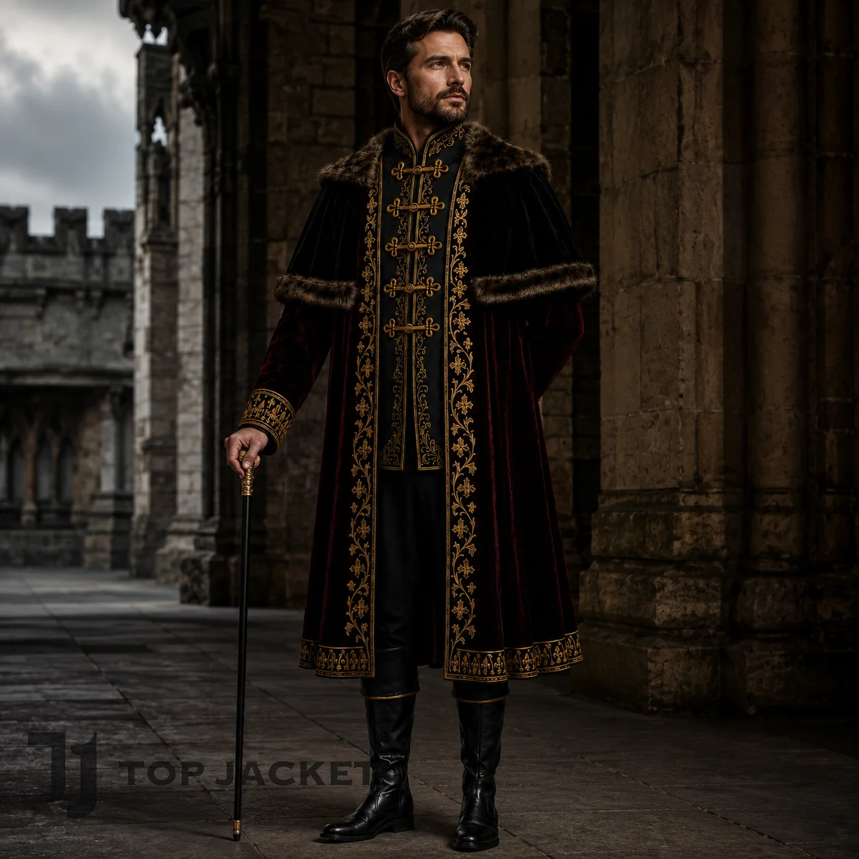 Mens Medieval Noble Lord Costume, Black Velvet Fur Cape Coat, Gold Embroidered Royal King Outfit Mens Medieval Noble Lord Costume, Black Velvet Fur Cape Coat, Gold Embroidered Royal King Outfit