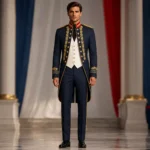 Men’s Navy Military Parade Suit, Ceremonial Tailcoat Outfit, Gold Embroidered Formal Uniform Costume