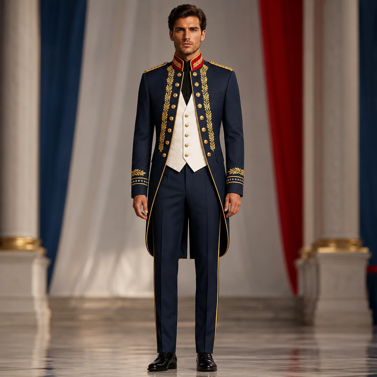 Men’s Navy Military Parade Suit, Ceremonial Tailcoat Outfit, Gold Embroidered Formal Uniform Costume Men’s Navy Military Parade Suit, Ceremonial Tailcoat Outfit, Gold Embroidered Formal Uniform Costume