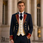 Men’s Navy Military Tailcoat Suit, Patriotic Formal Costume, Gold Embroidered Officer Jacket