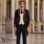 Men’s Navy Military Wedding Suit, Patriotic Tailcoat Costume, Red Gold Embroidered Jacket