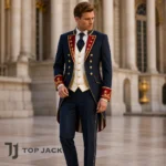 Men’s Navy Parade Tailcoat, Gold Embroidered Military Jacket, Patriotic Formal Suit