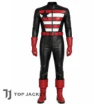 Men’s Patriotic Hero Leather Suit, Front Zip Jumpsuit, Red Belt, Boots, Gloves