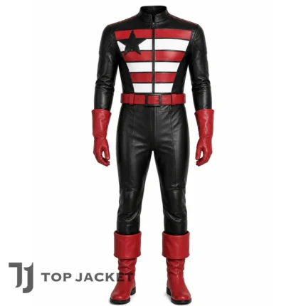 Men’s Patriotic Hero Leather Suit, Front Zip Jumpsuit, Red Belt, Boots, Gloves